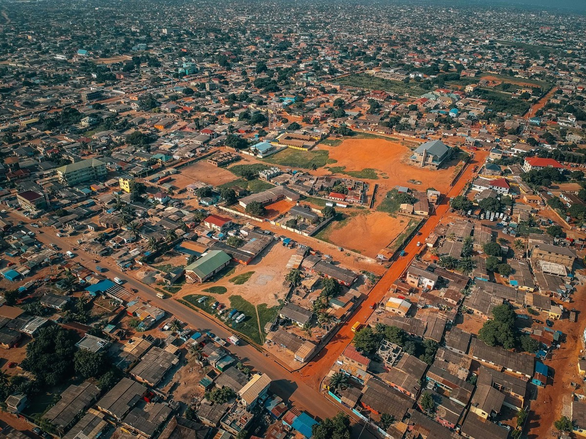 Aerial view over the rooftops and streets of Accra, Ghana
