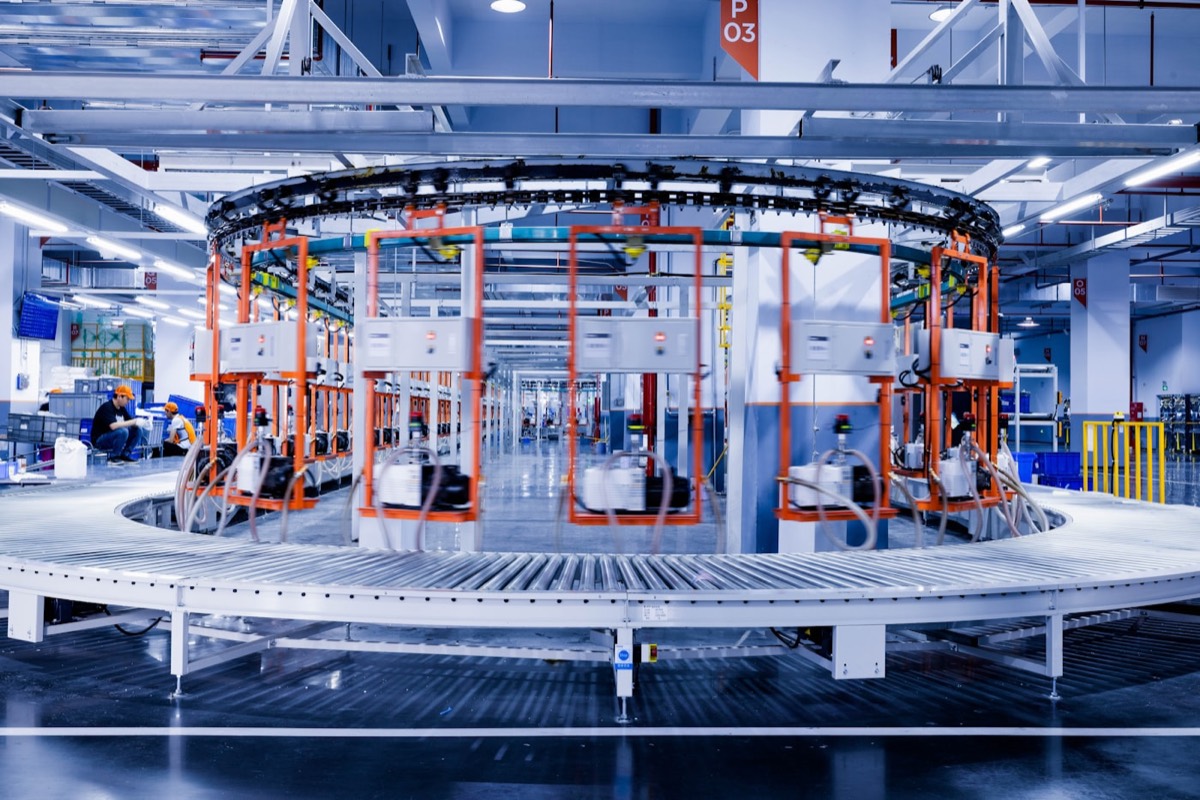 A clean, brightly lit modern production line